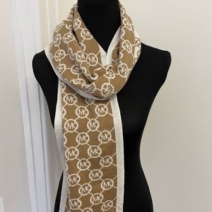 Michael Kors MK Argyle Camel Tan Off White Framed Diamond Print Scarf NEW